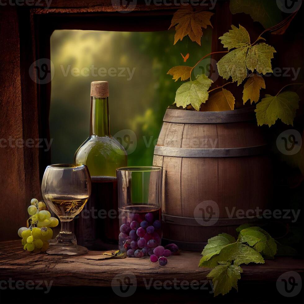 Glasses and a bottle of red wine in a vineyard - image photo