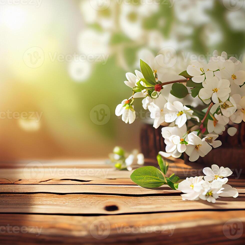 Spring season flowering plant branches with wooden table stand, floral background - image photo