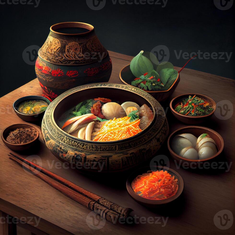 Beautiful varied Asian food on a dark background - image photo