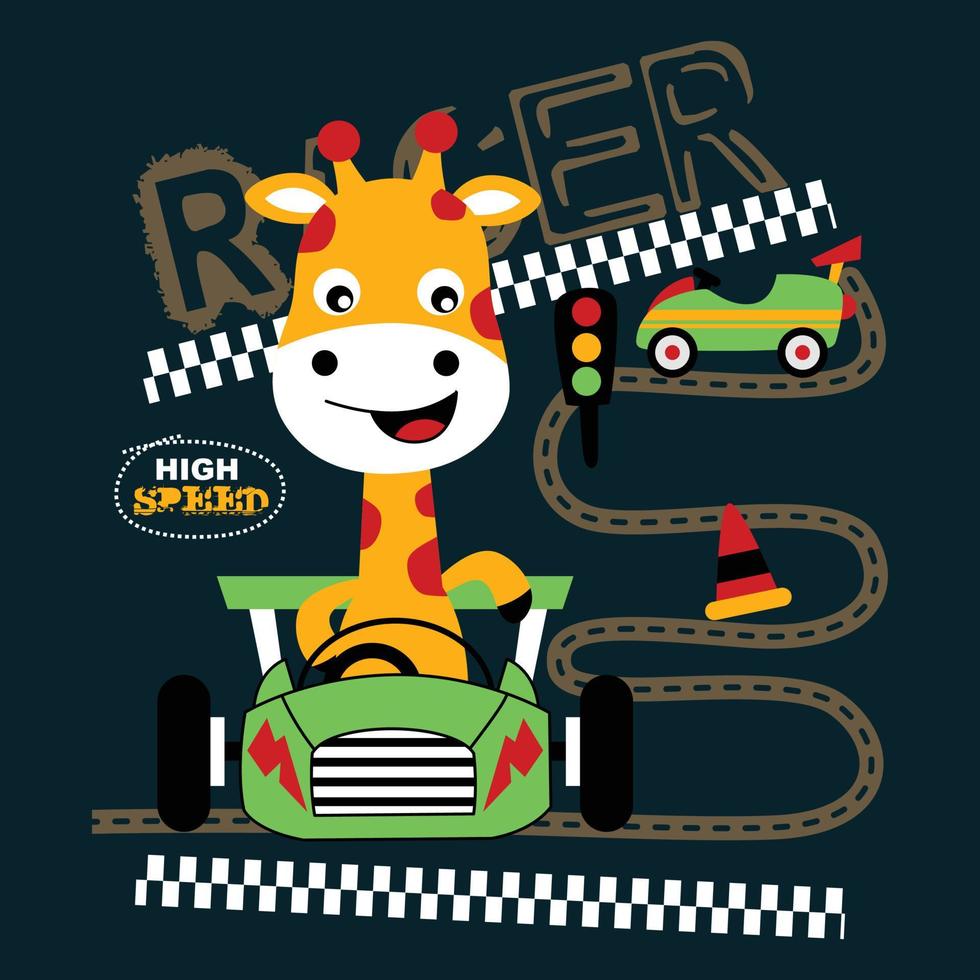coche carreras y jirafa, vector ilustración