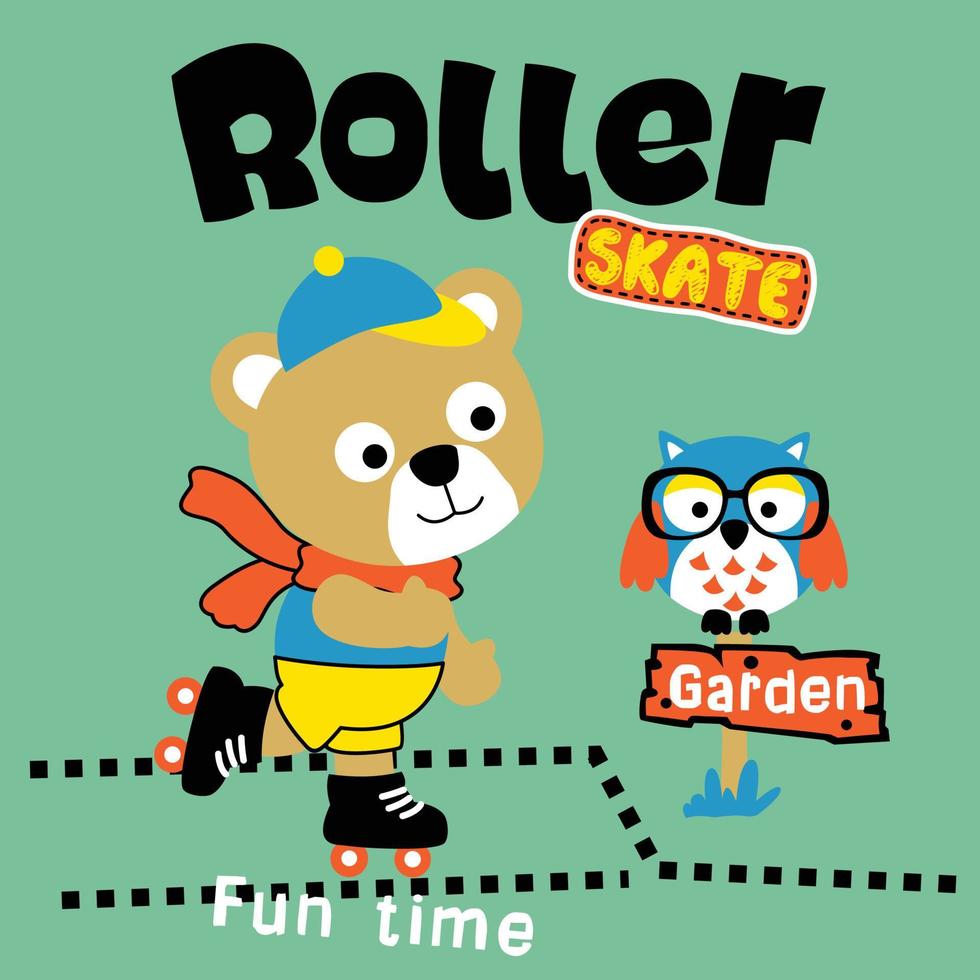 bear playing roller skate funny animal cartoon vector