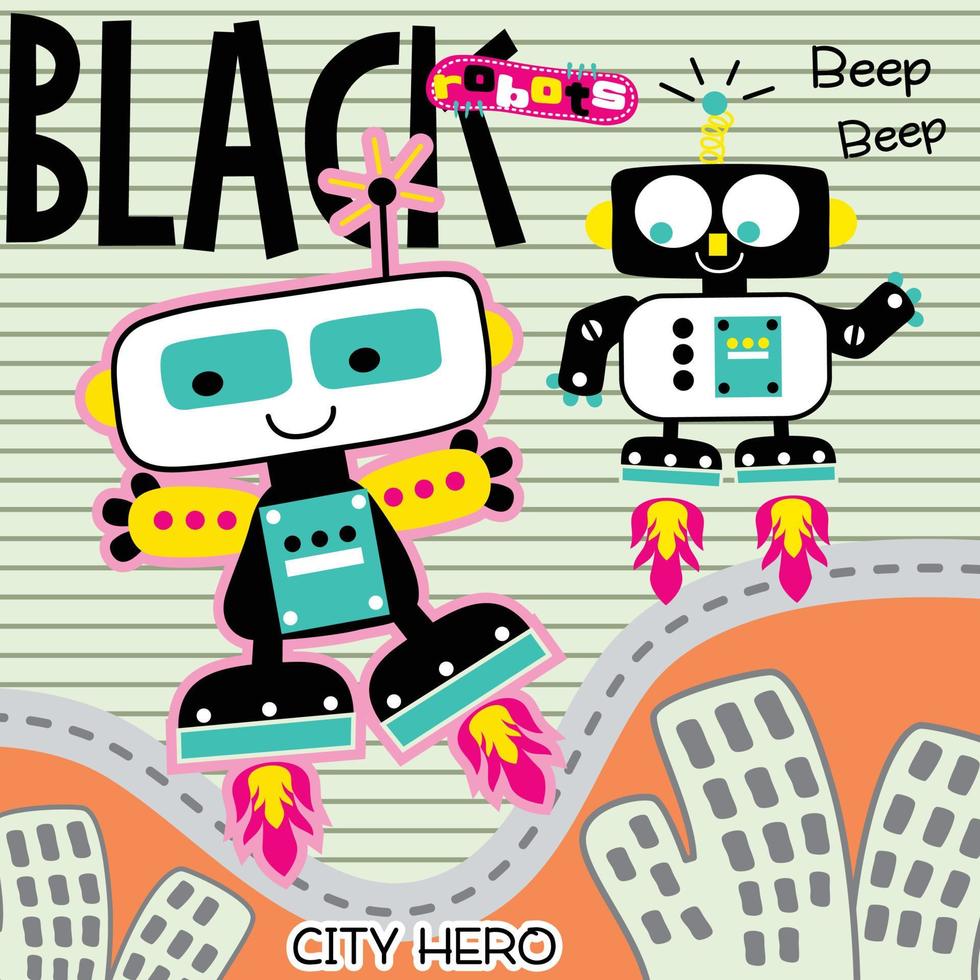 robot the superhero in the city funny cartoon vector