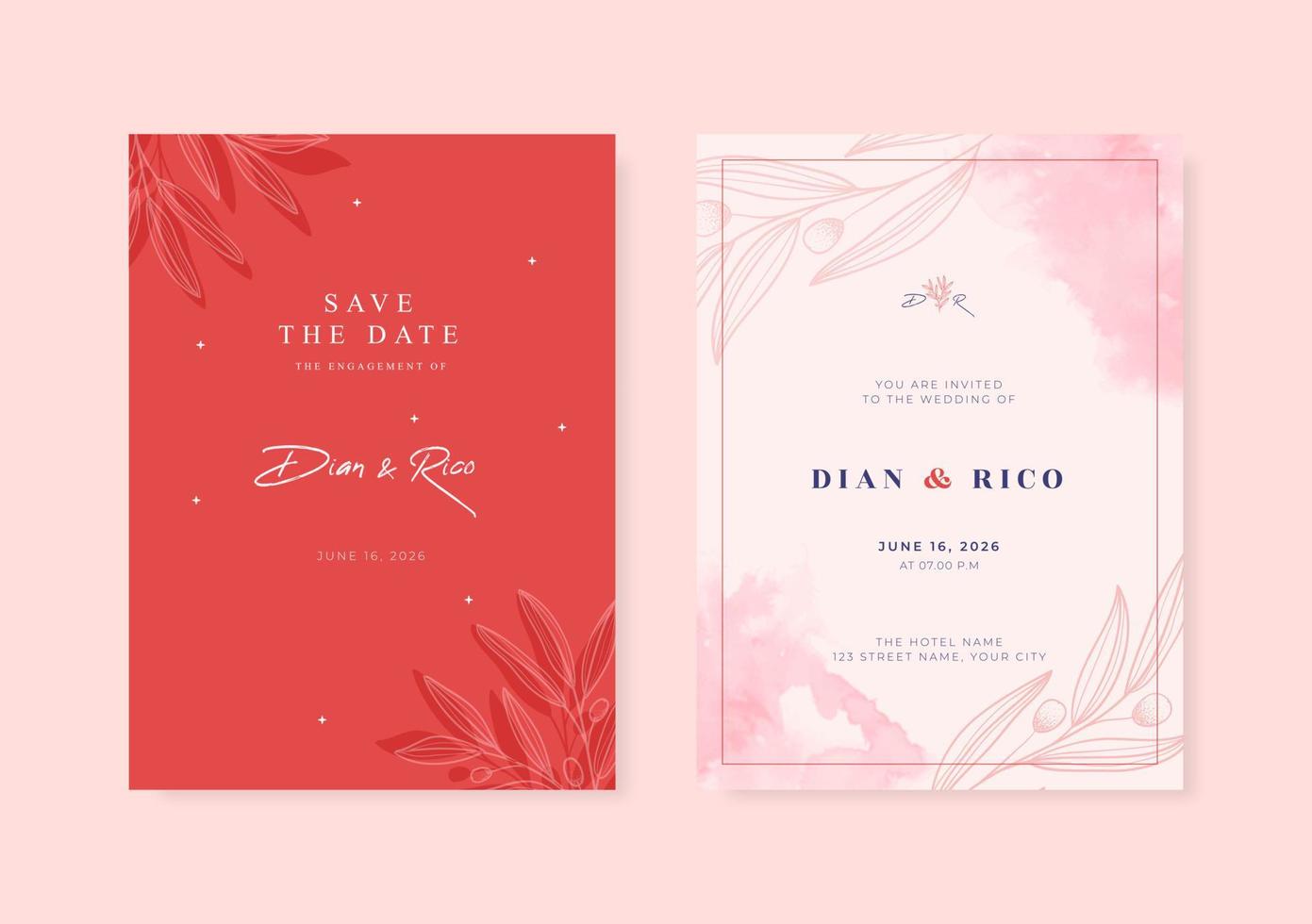 Beautiful pink watercolor wedding card vector