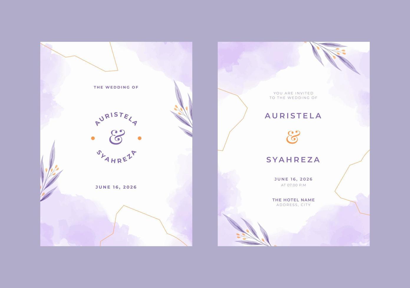 Beautiful purple watercolor wedding invitation template vector