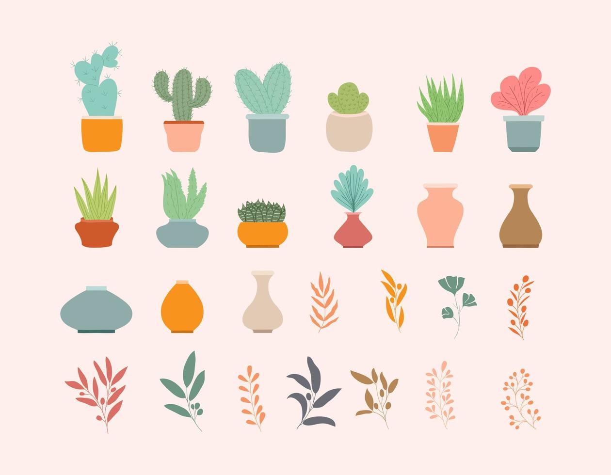 Beautiful flat cactus houseplant, pots and botanics collection template vector