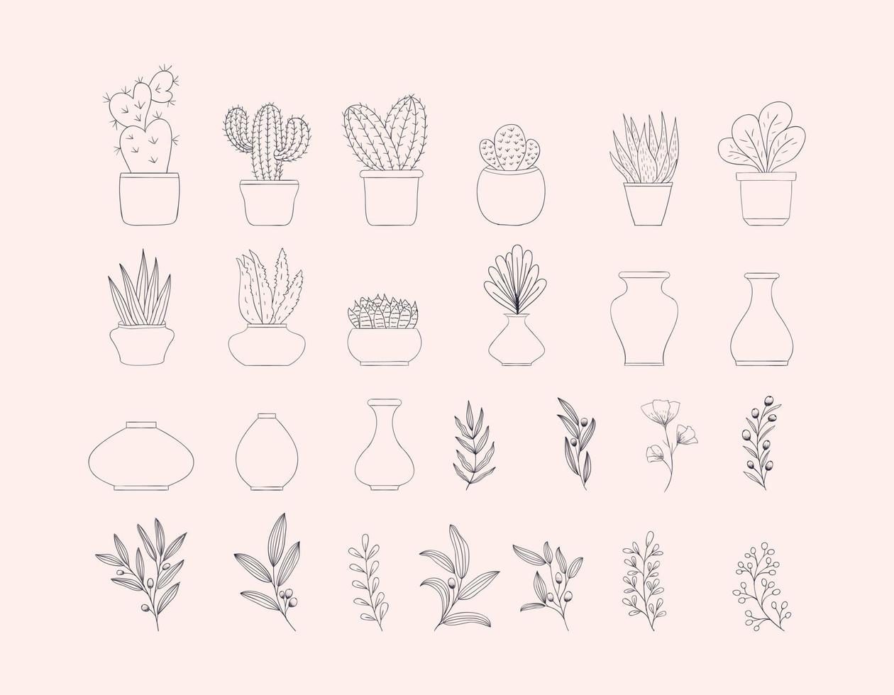 Beautiful outlined cactus houseplant, pots and botanics collection template vector