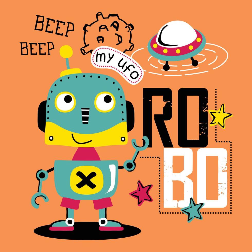 smart robot and ufo funny animal cartoon vector