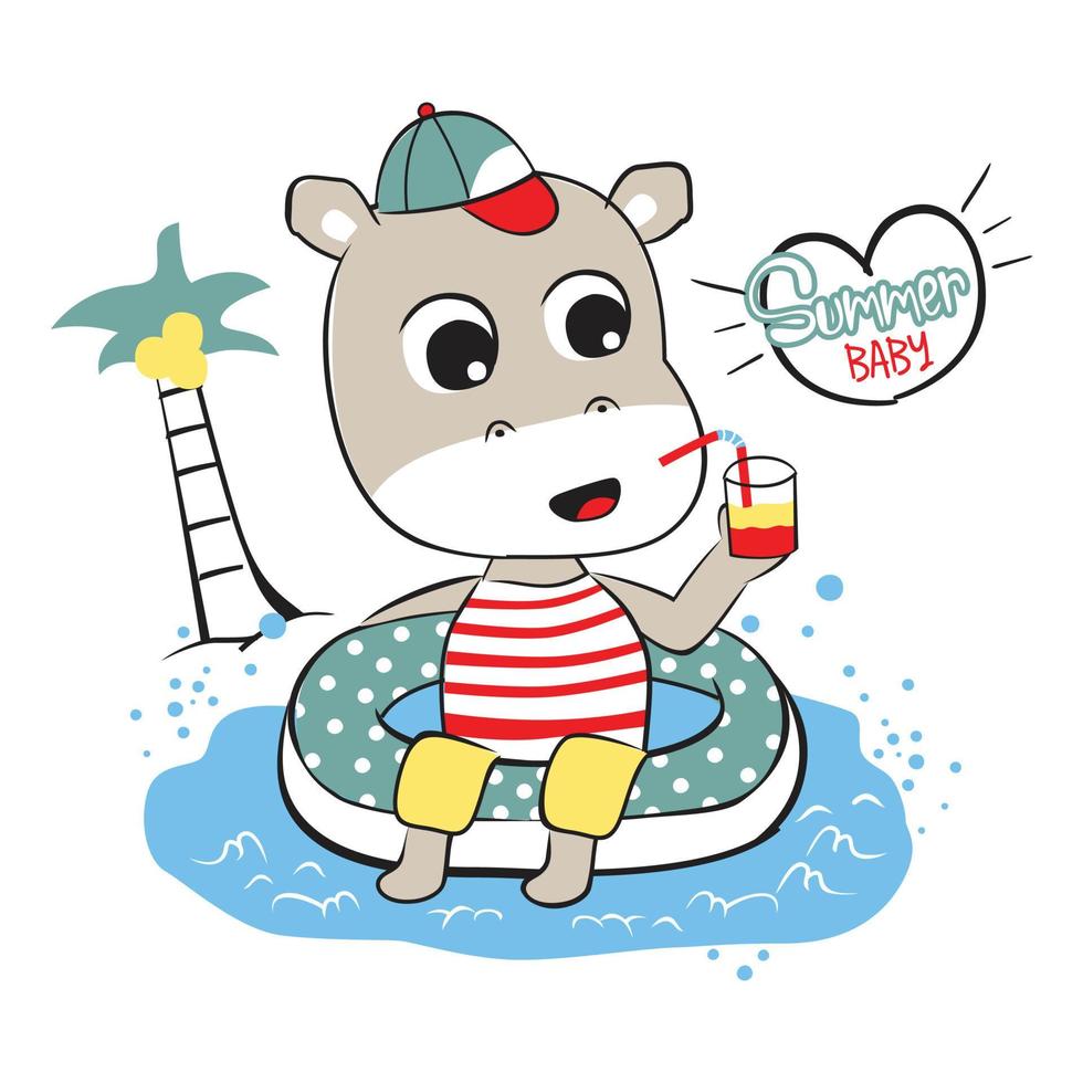 little hippo on the beach funny animal cartoon vector