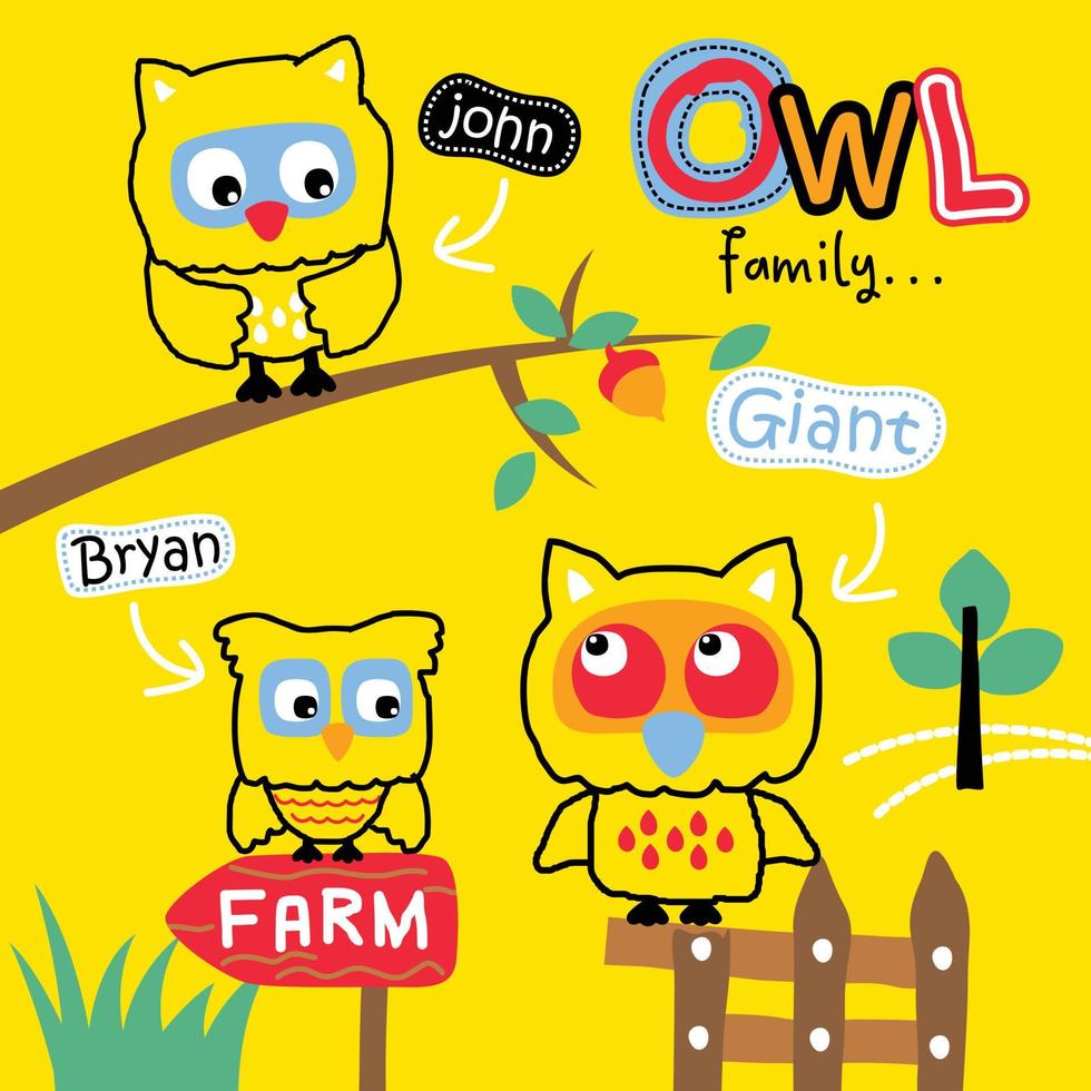 owl family in the farm funny animal cartoon vector