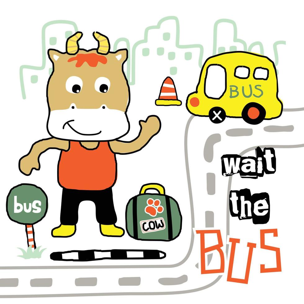 cow wait the bus on the city funny animal cartoon vector