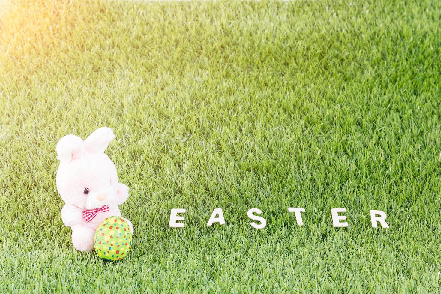 Bunny toys and Easter eggs with text photo