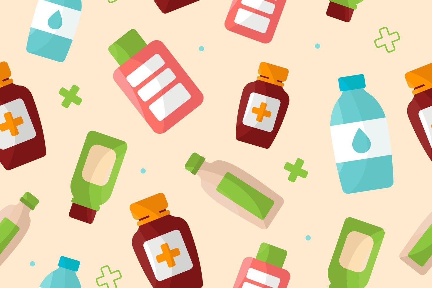 medicina botellas con etiquetas, sin costura modelo. vector ilustración en plano estilo.