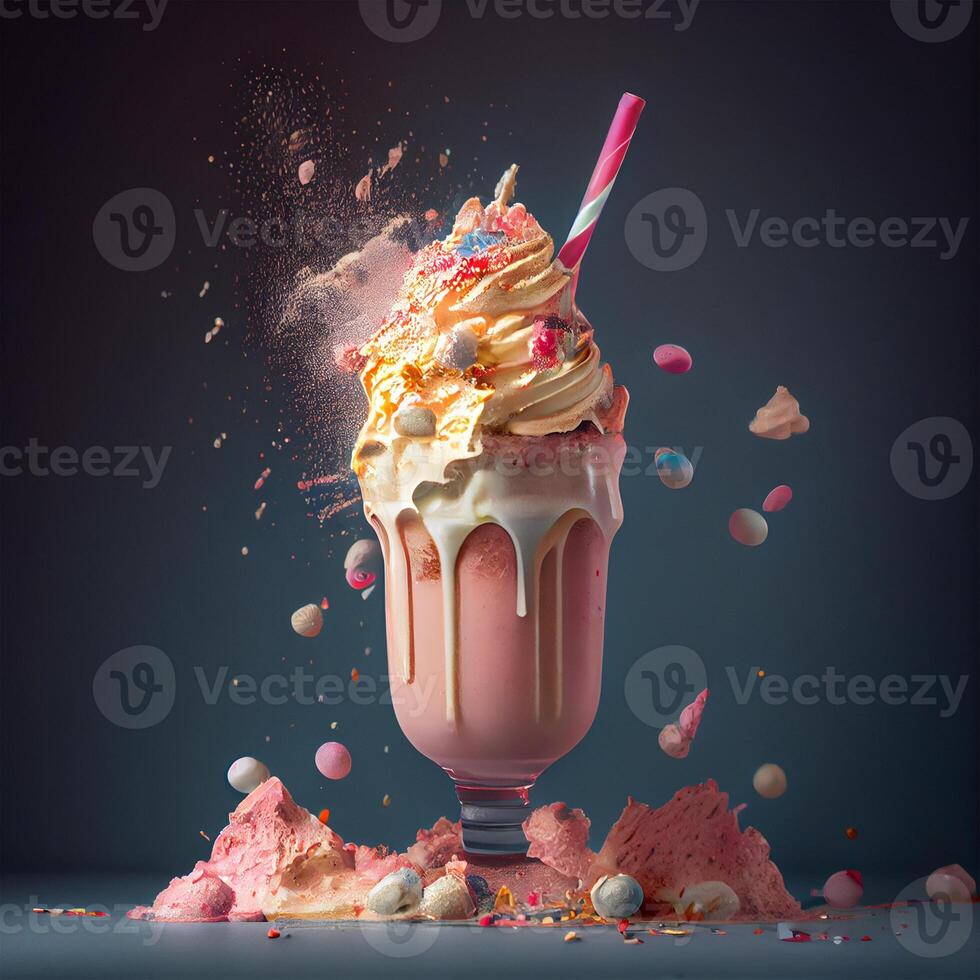 Stylish beautiful fruity milkshake, chocolate drop splashes - image photo