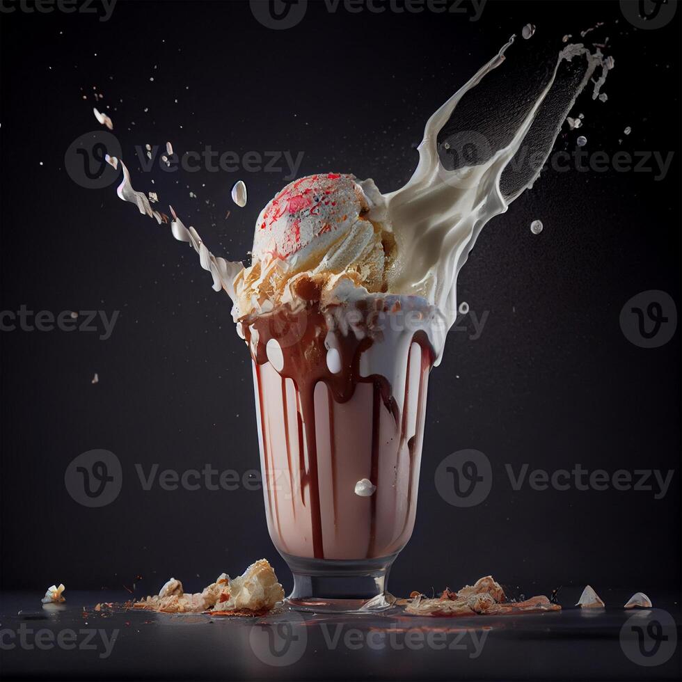 Stylish beautiful fruity milkshake, chocolate drop splashes - image photo