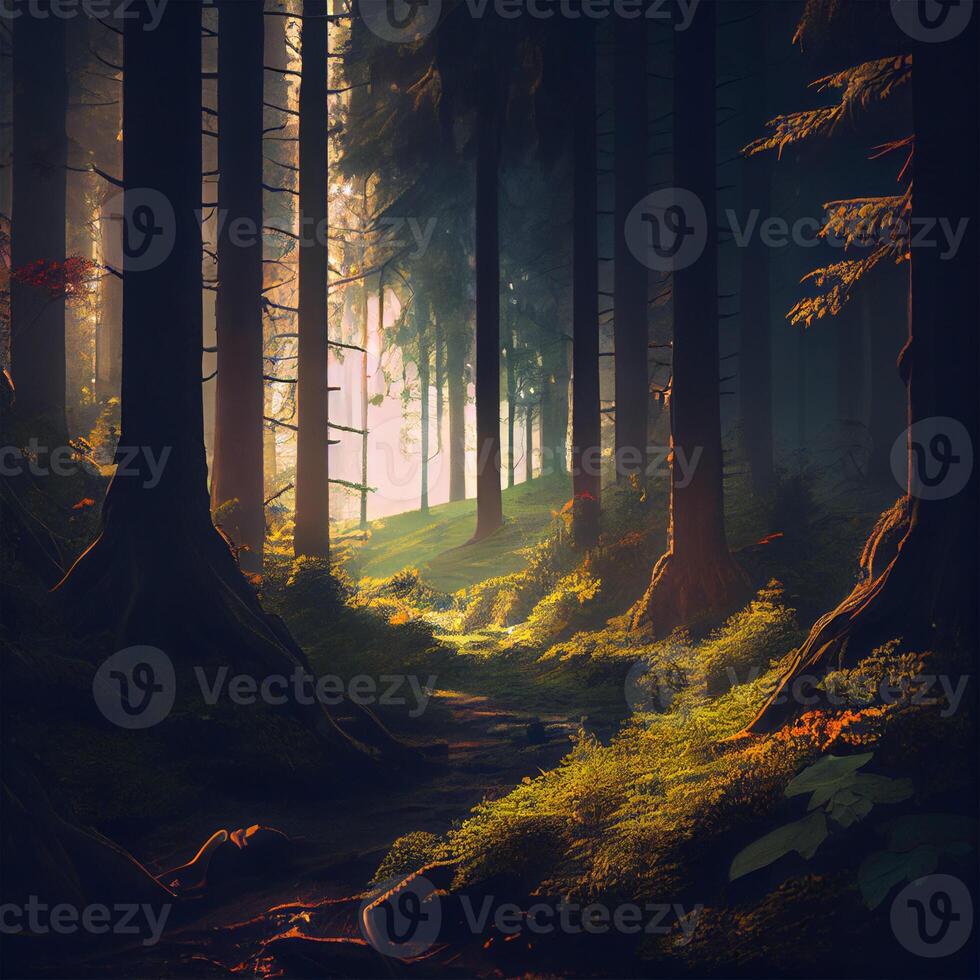 Dark gloomy fairytale mysterious forest - image photo