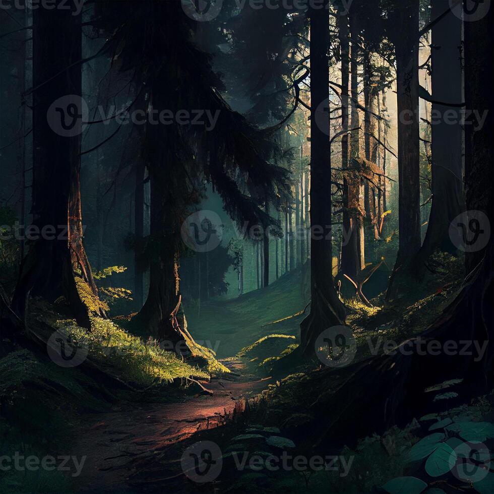 Dark gloomy fairytale mysterious forest - image photo