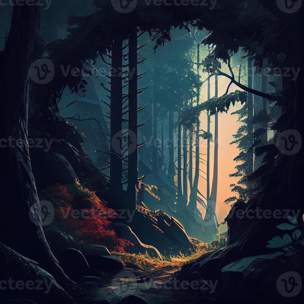 Dark gloomy fairytale mysterious forest - image photo