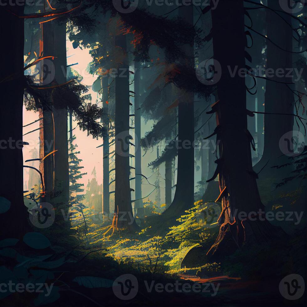 Dark gloomy fairytale mysterious forest - image photo