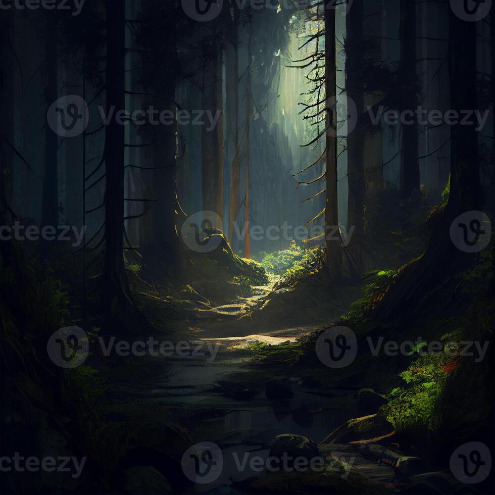 Dark gloomy fairytale mysterious forest - image photo