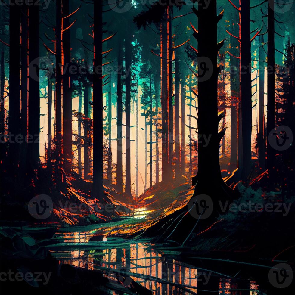 Dark gloomy fairytale mysterious forest - image photo