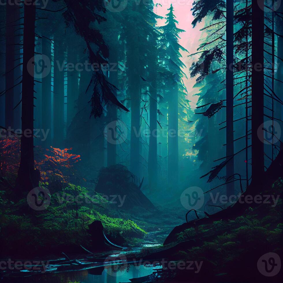 Dark gloomy fairytale mysterious forest - image photo