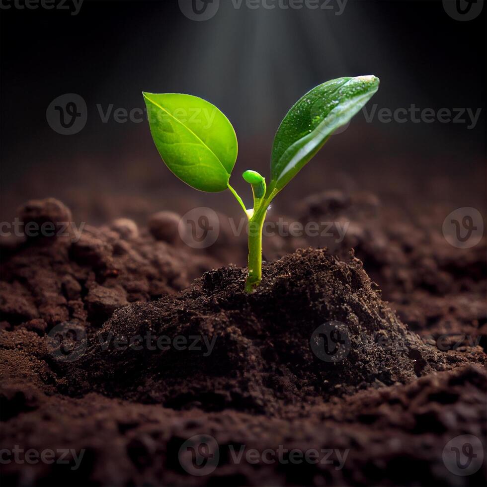 The growth of a new plant in the soil of the earth, environmental care, green energy - image photo