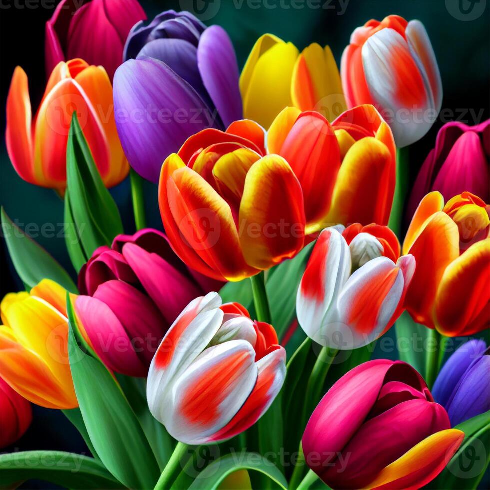 Tulip, Beautiful multi-colored tulip bouquet, colorful tulips, spring bloom - image photo
