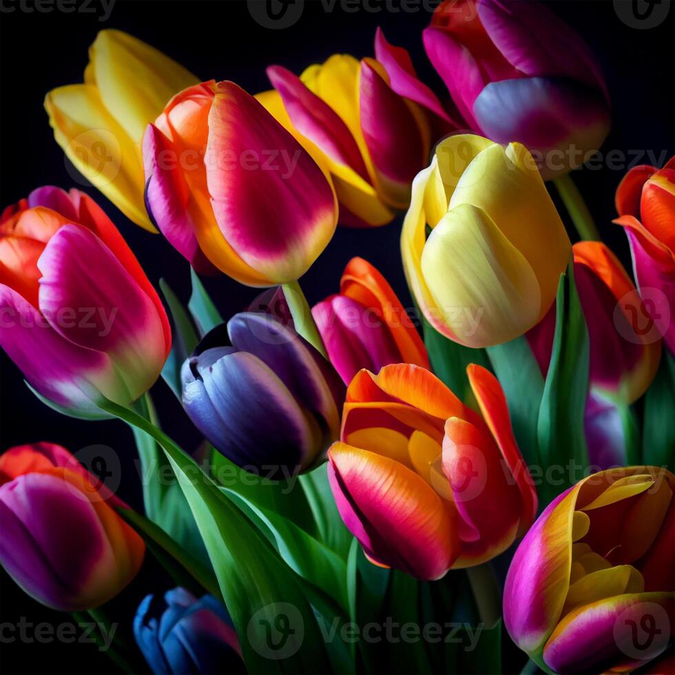 Tulip, Beautiful multi-colored tulip bouquet, colorful tulips, spring bloom - image photo