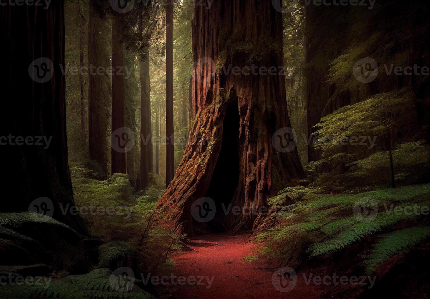 Dense forest in California, many sequoias - image photo