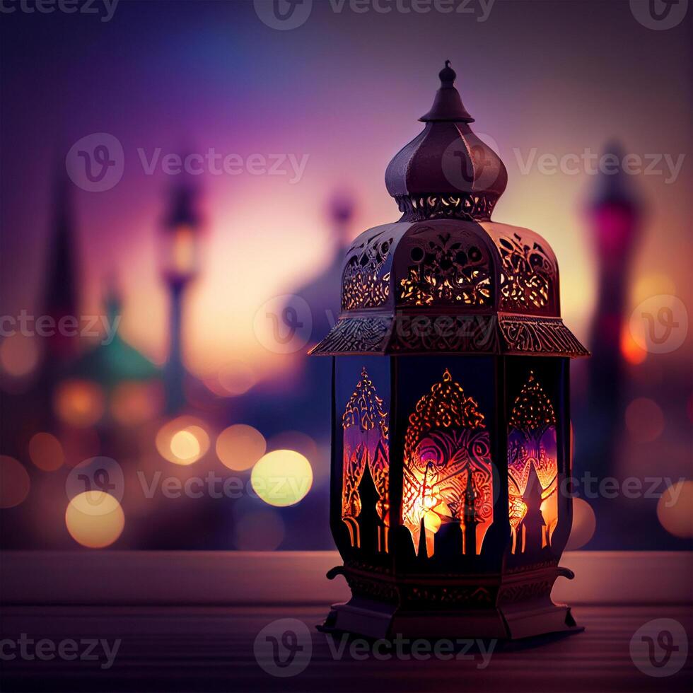 Ornate original traditional oriental asian lantern with beautiful bokeh of holiday lights and mosque in the background - image photo