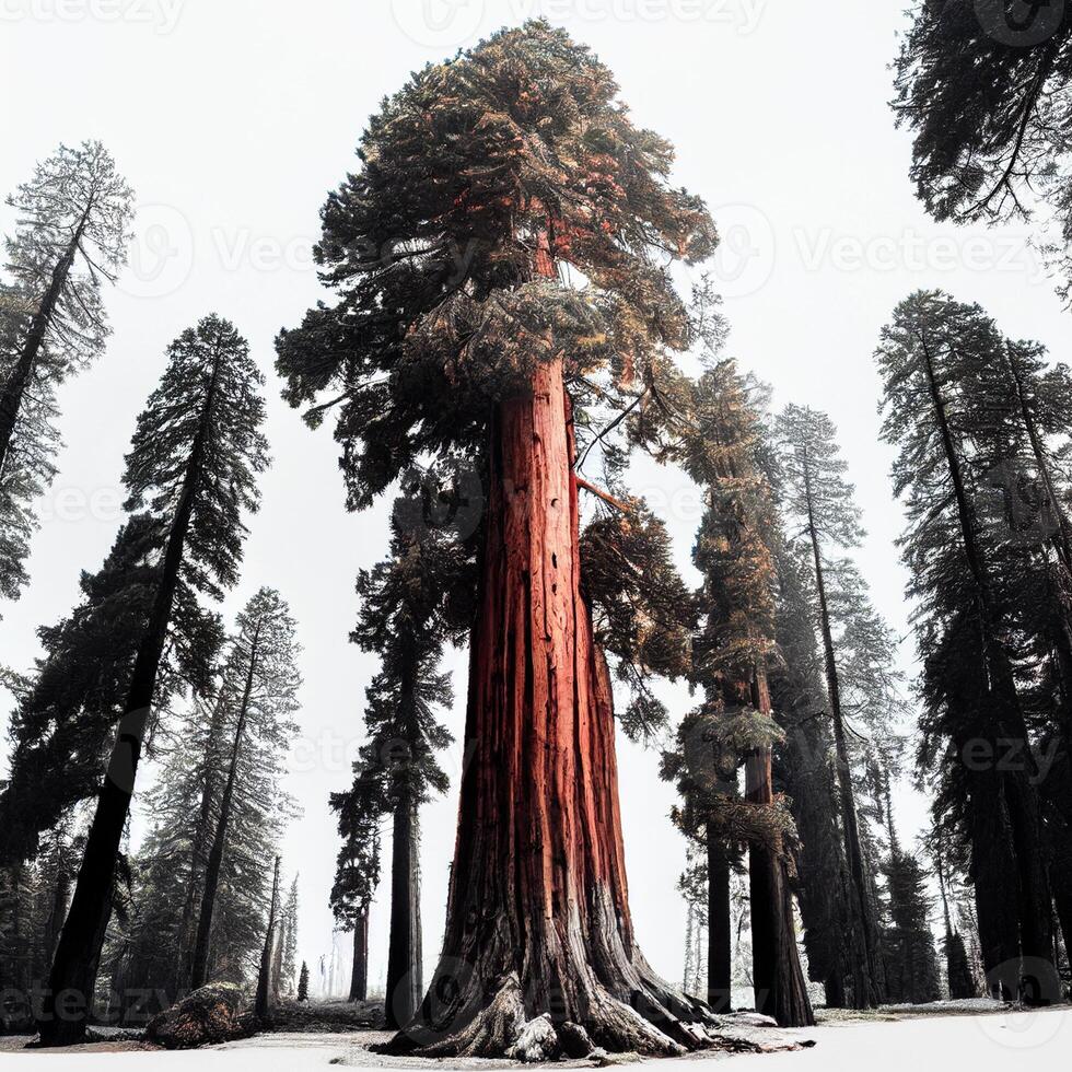 Lots of California redwoods in front of a white background - image photo