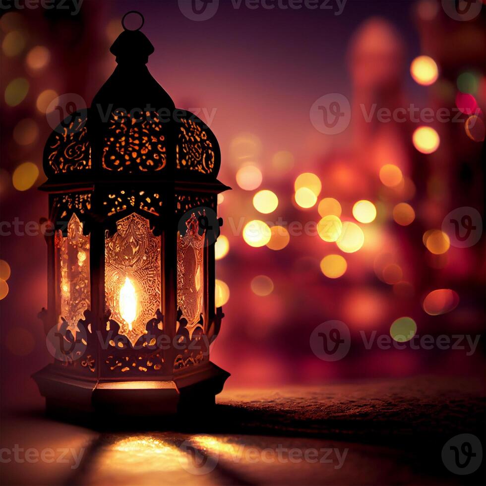 Ornate original traditional oriental asian lantern with beautiful bokeh of holiday lights and mosque in the background - image photo