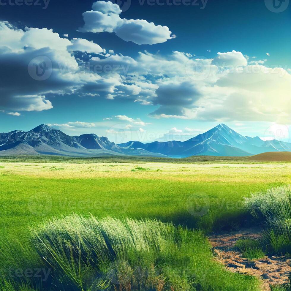 Bright sun shines on green morning grassy meadow, bright blue sky - image photo
