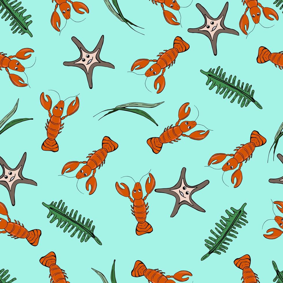 Funny lobsters. Cartoon fishes. Sea life pattern. vector