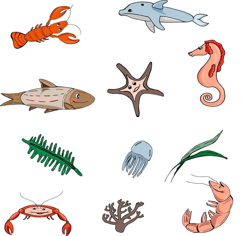 Cute sea animals set. Children drawings, hand drawn underwater life. Doodle style animals set for design. Vector illustration.