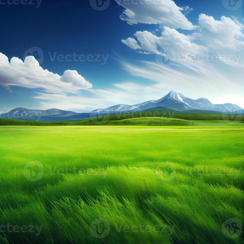 Bright sun shines on green morning grassy meadow, bright blue sky - image photo