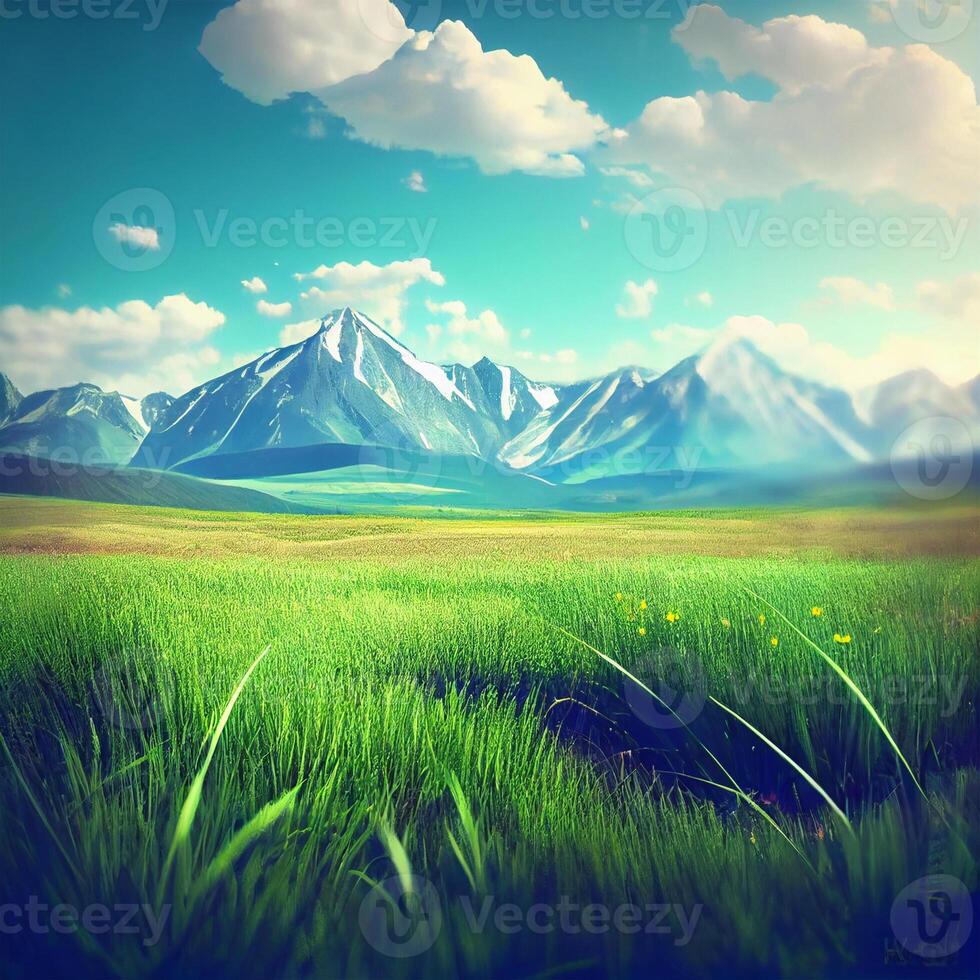 Bright sun shines on green morning grassy meadow, bright blue sky - image photo