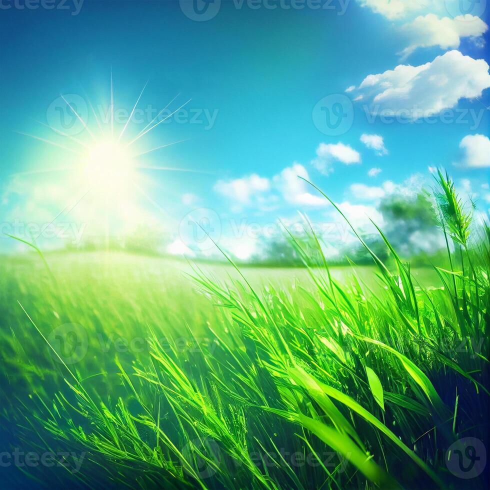 brillante Dom brilla en verde Mañana herboso prado, brillante azul cielo - ai generado imagen foto