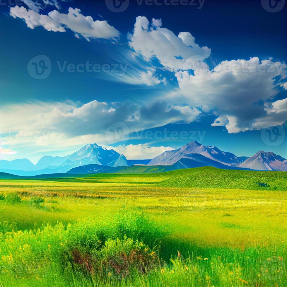 Bright sun shines on green morning grassy meadow, bright blue sky - image photo