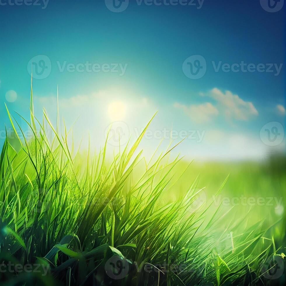 Bright sun shines on green morning grassy meadow, bright blue sky - image photo