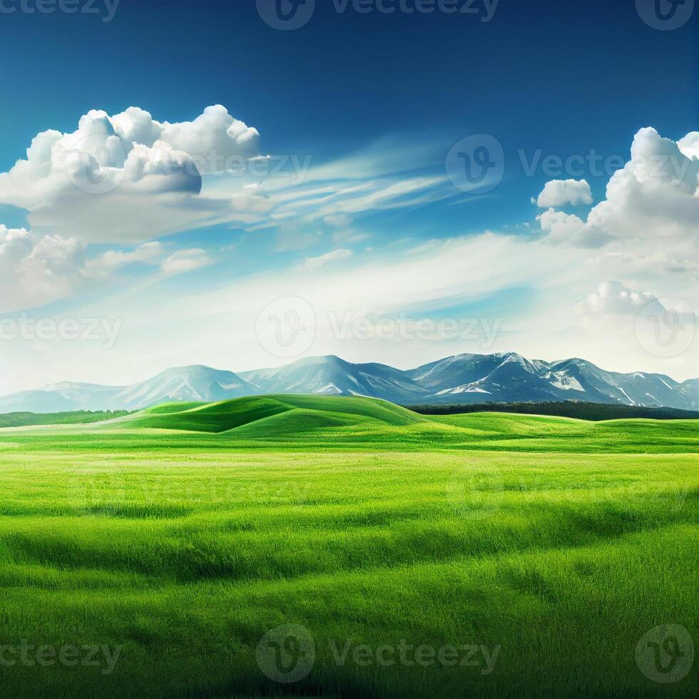 Bright sun shines on green morning grassy meadow, bright blue sky - image photo