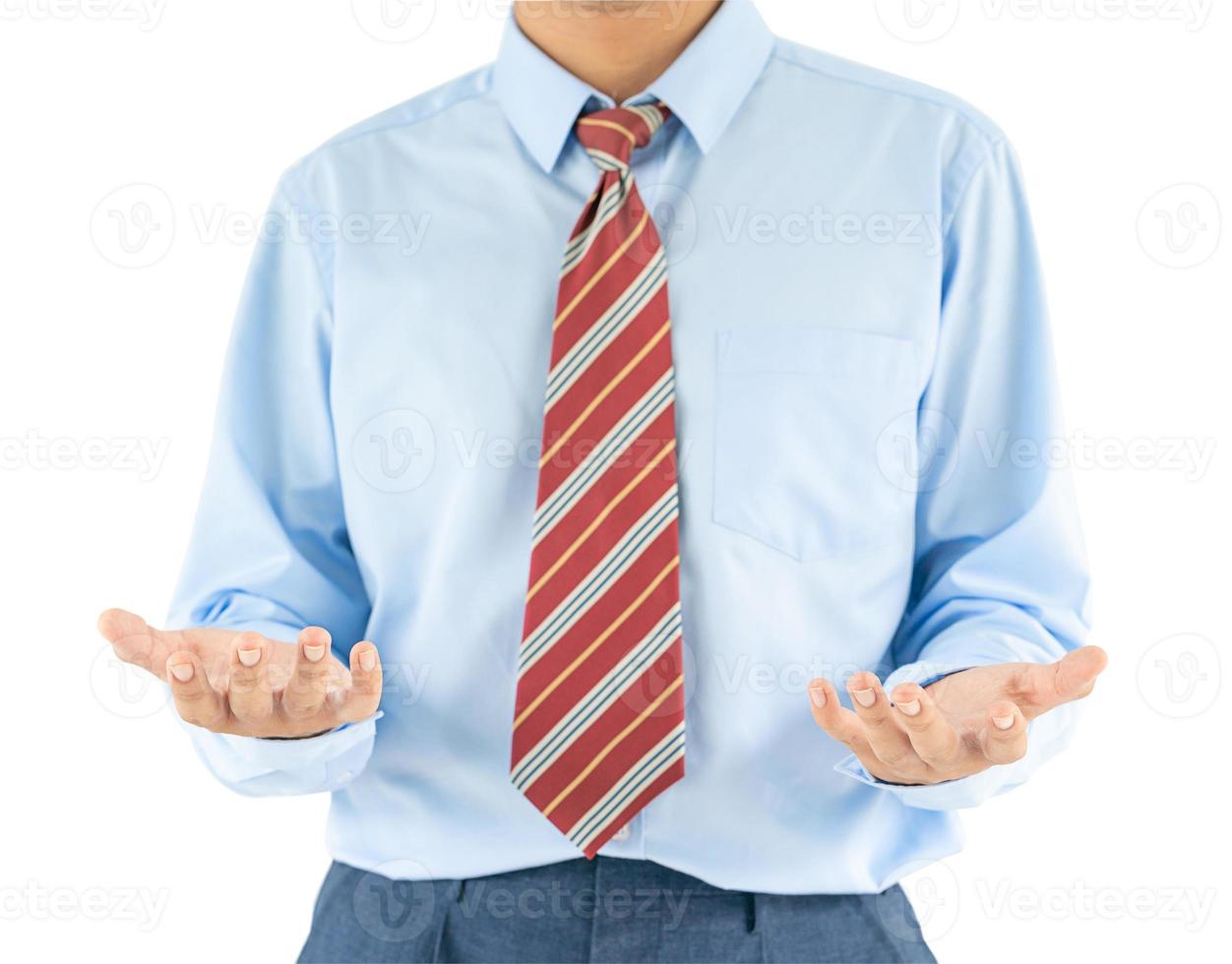 Male wearing blue shirt reaching hand out with clipping path photo