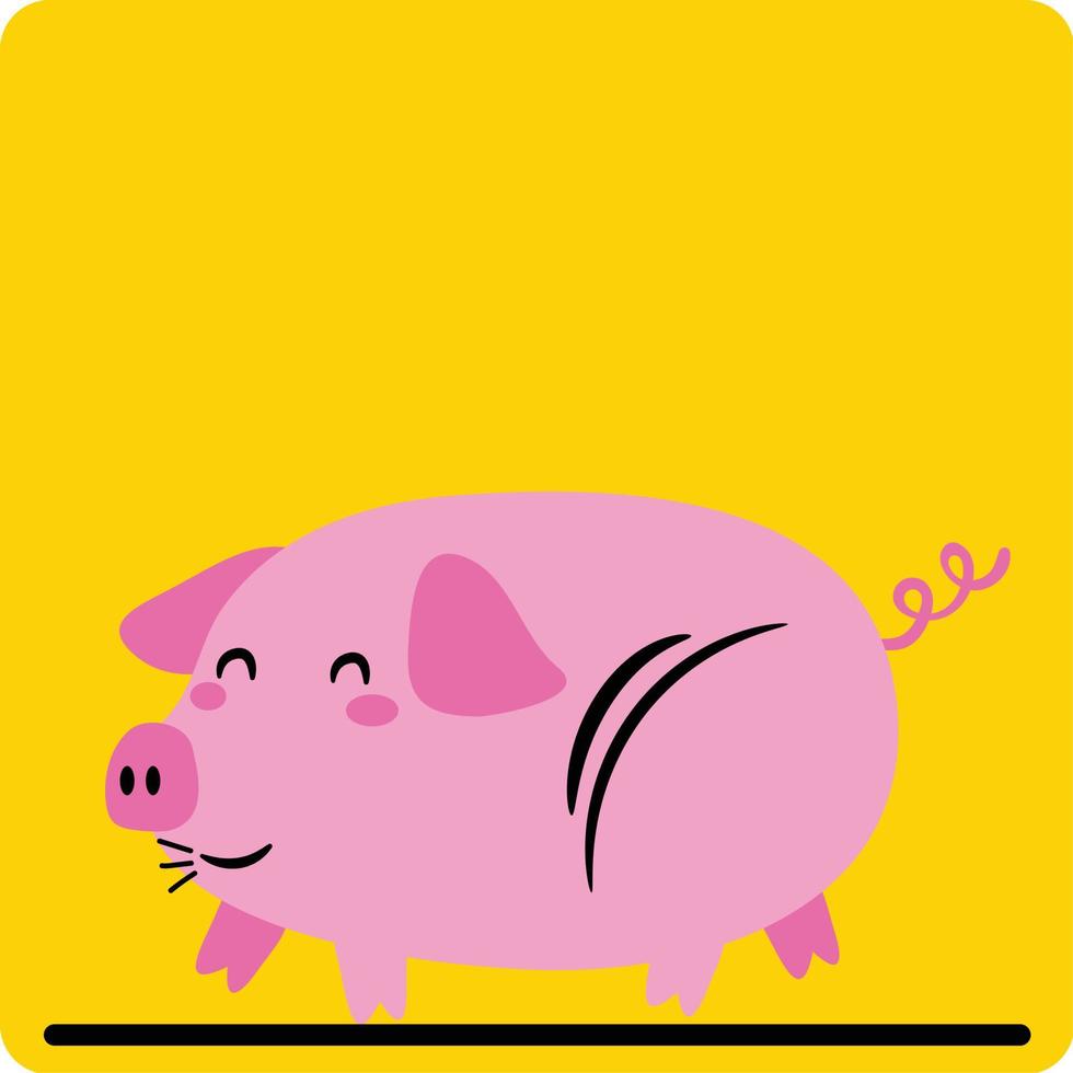 Piggy Vector cartoon funny pig on yellow background