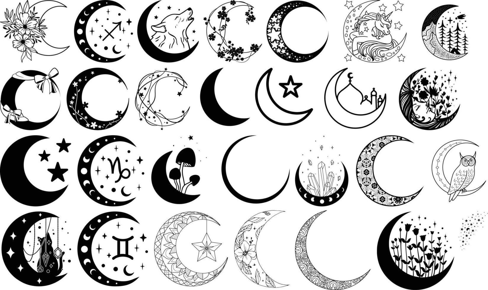 Vector line art set of moon and plants crescent moon doodle