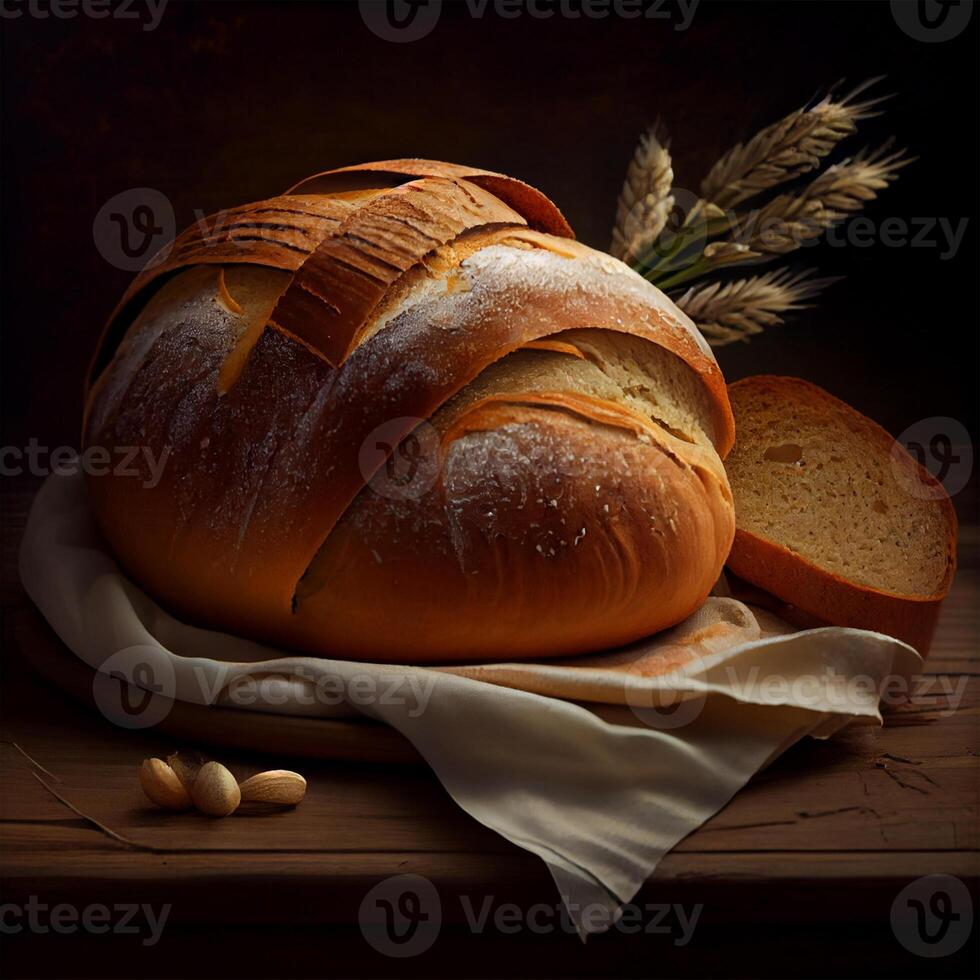 Homemade fresh sourdough bread, dark background - image photo