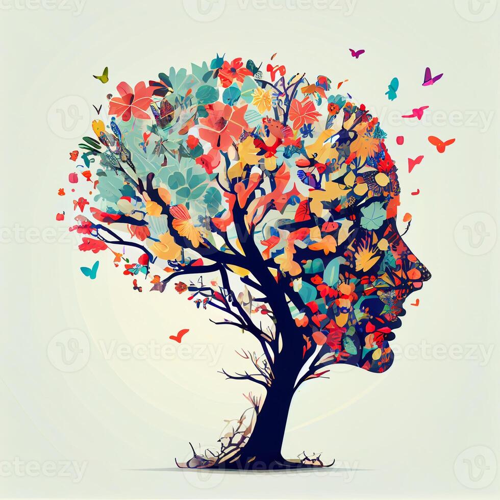 Human brain tree with flowers and butterflies, concept of self care, mind, ideas, creativity - image photo