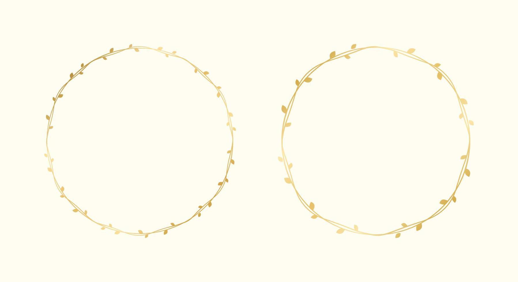 Round gold vine frame wedding elegant wreath set. Circle golden frame with botanical design. Vector isolated illustration.