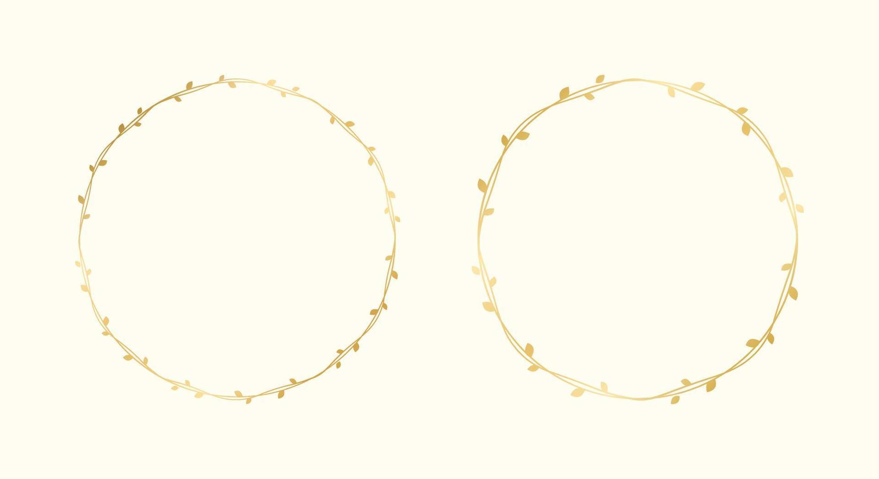 Round gold vine frame wedding elegant wreath set. Circle golden frame with botanical design. Vector isolated illustration.