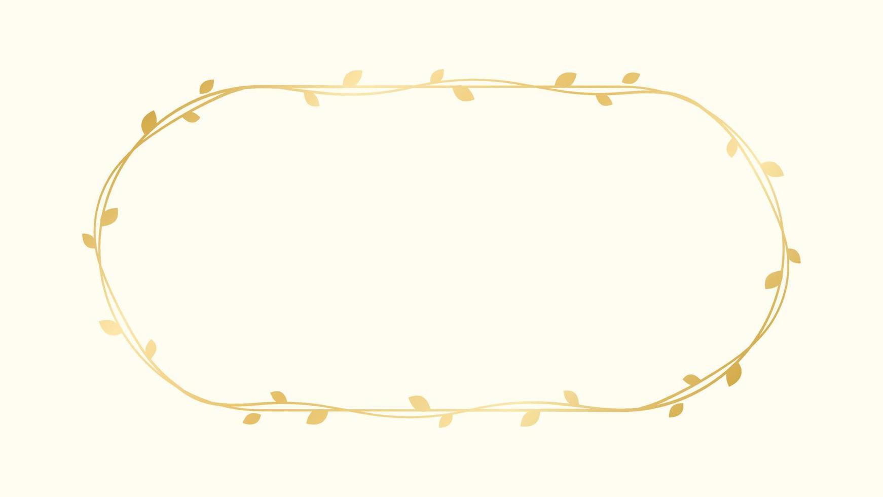 Oval golden frame with botanical design. Round vine frame wedding elegant wreath. Vector isolated illustration.