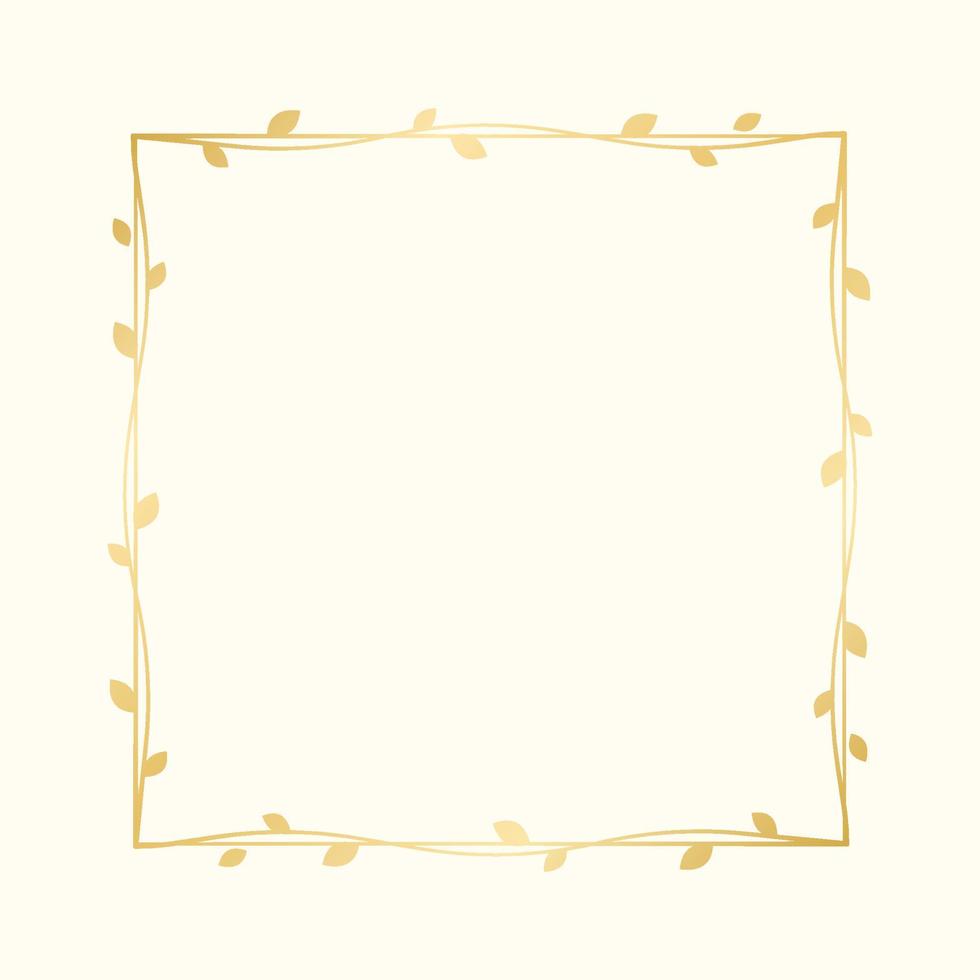 Square golden frame with botanical design. Round vine frame wedding elegant wreath. Vector isolated illustration.